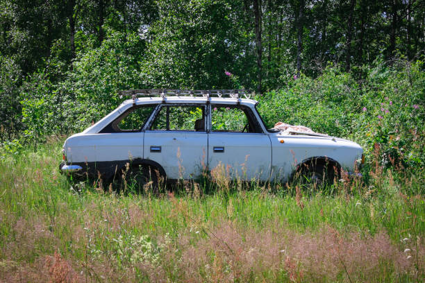 istock Old rusty Soviet car abandoned in the woods 1159793008