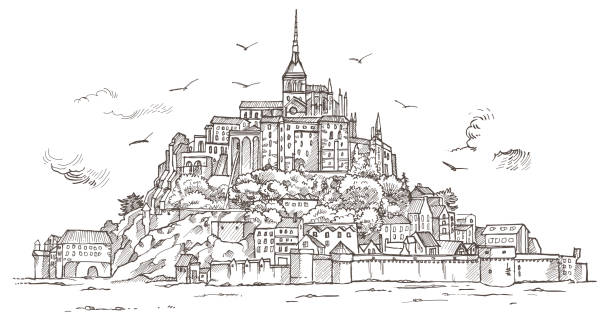 Le Mont Saint Michel ,Normandy, France. Hand drawn sketch illustration in vector Le Mont Saint Michel ,Normandy, France. Hand drawn sketch illustration in vector Abbey stock illustrations