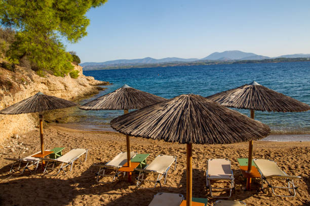 istock Greek island Spetses - beach with awnings . 1159794583