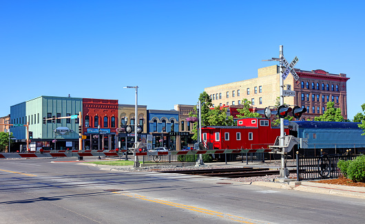 Fargo, North Dakota, USA - June 12, 2017: Daytime view of Fargo's historic Front Street now Main Street in the heart of the downtown district