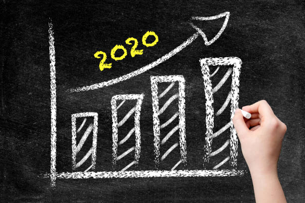 Year 2020 with ascending arrow and bar graph on blackboard