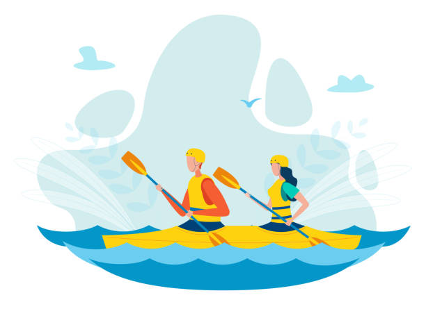 mężczyzna i kobieta kajakarstwo płaskie wektor ilustracja - paddling stock illustrations