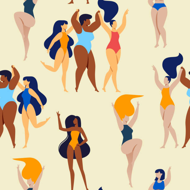 ilustrações, clipart, desenhos animados e ícones de padrão sem emenda de mulheres multinacionais plus size - modelo plus size