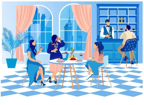 Vector illustration of Women in Elegant Clothing Sitting at Table in Bar
