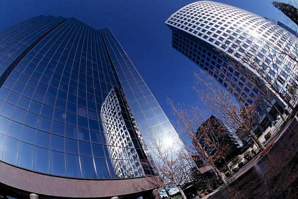 istock Office Highrise, Blue Glass, Skyscrapers, Fish-eye, Curved Perspective, Clear Sky 115980011