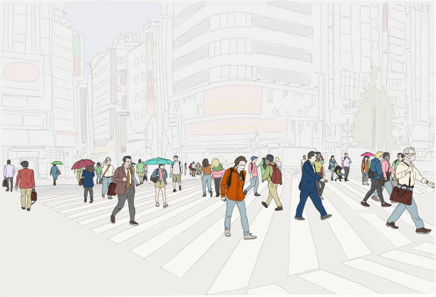 Shinjuku Intersection Drawing Hand drawn illustration. A crowd of people crossing the street in Tokyo Japan. tokyo streets stock illustrations