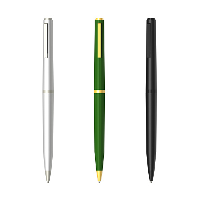 Various ink pens in silver, green and black isolated on white with clipping path