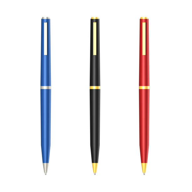 pen with clipping path - shiny group of objects high angle view close up imagens e fotografias de stock