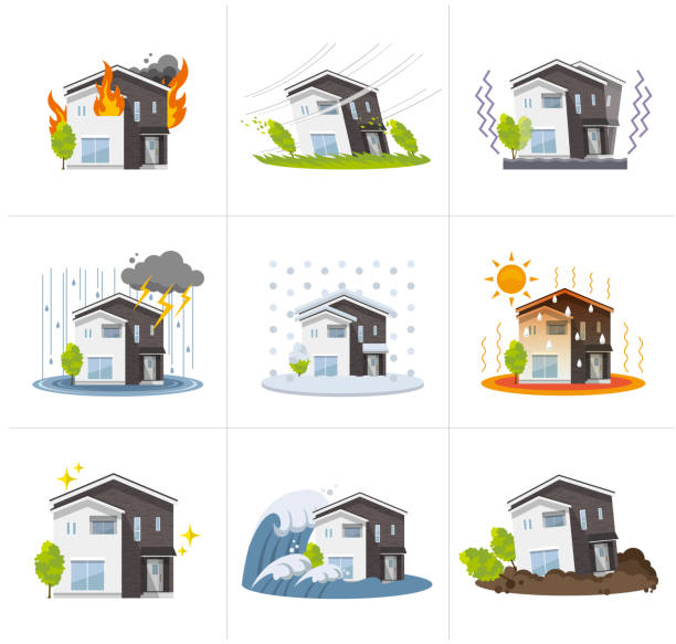 illustrazioni stock, clip art, cartoni animati e icone di tendenza di casa: disastro, set - lightning house storm rain