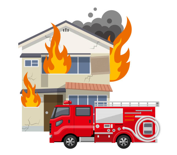 illustrazioni stock, clip art, cartoni animati e icone di tendenza di vecchia casa, casa: incendio, motore antincendio - incendio