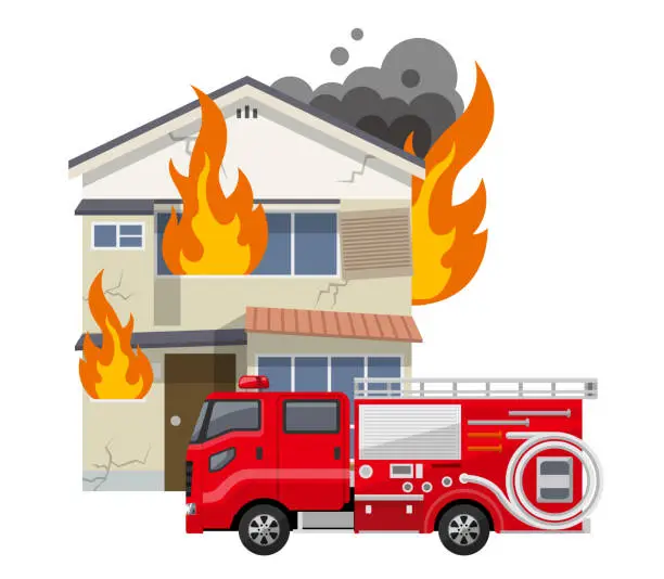 Vector illustration of Old house, house: fire, fire engine