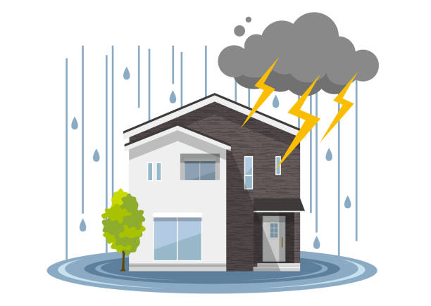 ilustraciones, imágenes clip art, dibujos animados e iconos de stock de casa: desastre, lluvia fuerte, inundación - sunken