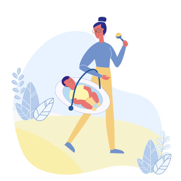 Maternity Leave, Babysitting Vector Illustration Maternity Leave, Babysitting Vector Illustration. Female babysitter and Smiling Infant Cartoon Characters. Young Mother Holding Baby Carrier and Beanbag. Motherhood, Happy Mom with Child on Walk bean bag illustrations stock illustrations