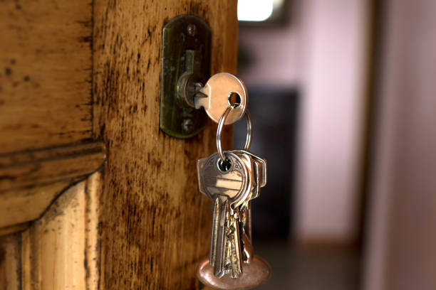 lock with keys in the old or retro door, vintage