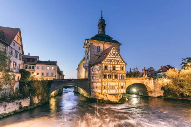 Old half timbered townhall in Bamberg Germany at night