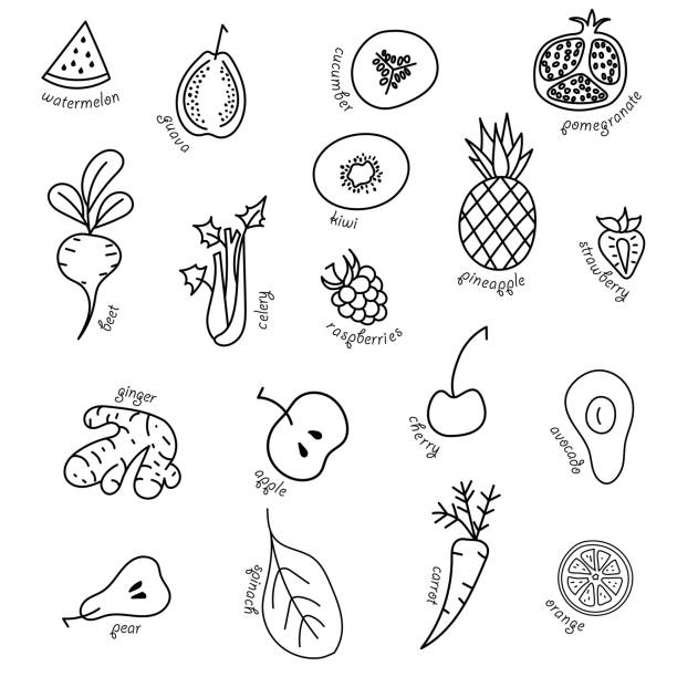 Web Fruits and vegetables seamless background. Vector fruits and vegetables pattern. strawberry salad stock illustrations