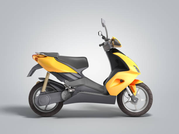 istock Yellow moped scooter Transport wheel 3d render on grey gradient 1159810141