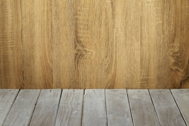 istock Empty top wooden surface table and wood wall background 1159810182