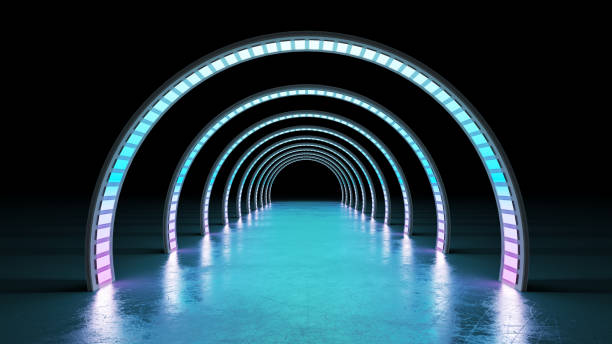 istock abstract minimal background glowing cyrcle lines tunnel  neon lights 3d render 1159811250