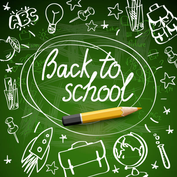 ilustraciones, imágenes clip art, dibujos animados e iconos de stock de bandera de regreso a la escuela, garabato sobre fondo de pizarra verde, ilustración vectorial. - blackboard green backgrounds education