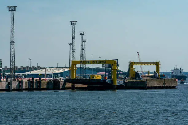 Photo of dockside cranes at the industrial harbour in Rostock