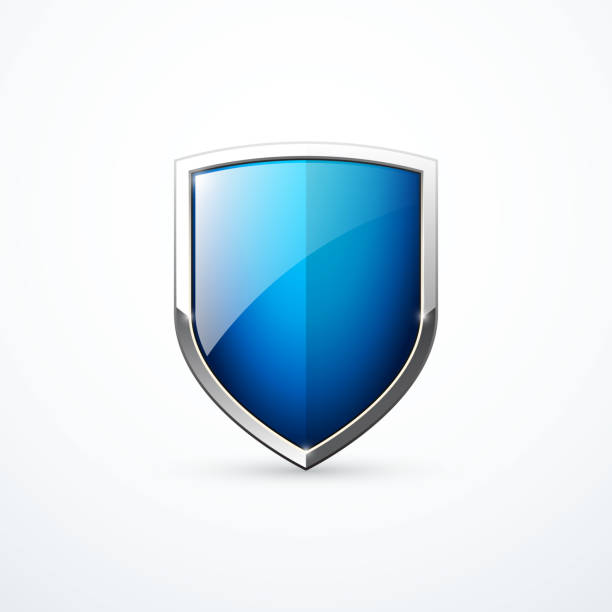 ilustrações de stock, clip art, desenhos animados e ícones de vector blue shield icon - chrome insignia sign gear