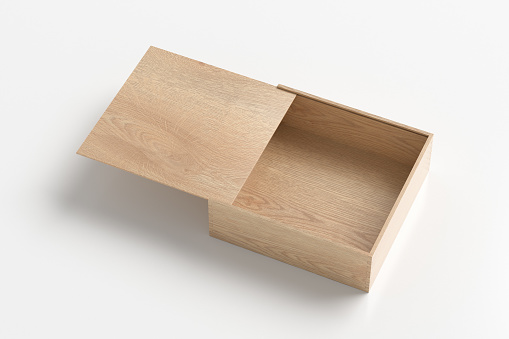 Wooden opened square box with sliding lid on white background. 3d illustration