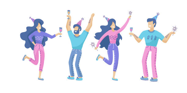 Set of happy people at a festive party. Positive men and women with champagne and sparklers dancing and having fun. collection of modern vector hand drawn characters. Set of happy people at a festive party. Positive men and women with champagne and sparklers dancing and having fun. collection of modern vector hand drawn characters office christmas party stock illustrations