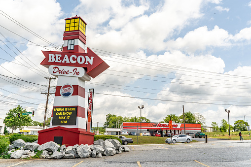 Spartanburg, S.C. / USA - May 4, 2019: The sign for the famous Beacon restaurant, a popular BBQ place in Spartanburg that is referenced in other cities around the world.
