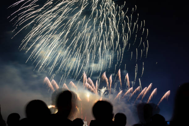 istock Crowd watching fireworks and celebrating city founded. Beautiful colorful fireworks display in the urban for celebration on dark night background. 1159824052