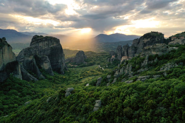 istock Aerial drone shot with beautiful sunset over Meteora 1159826379