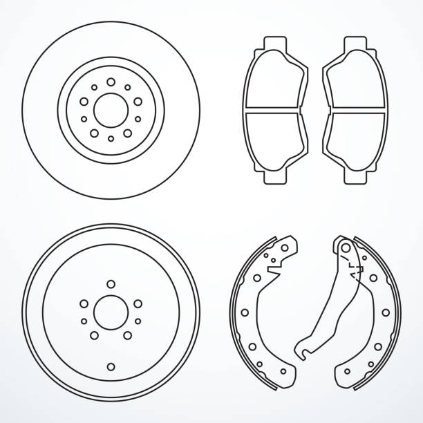 Brake disc, brake drum and brake pads. Brake parts icons Brake disc, brake drum and brake pads. Brake parts icons. Vector illustration brake stock illustrations