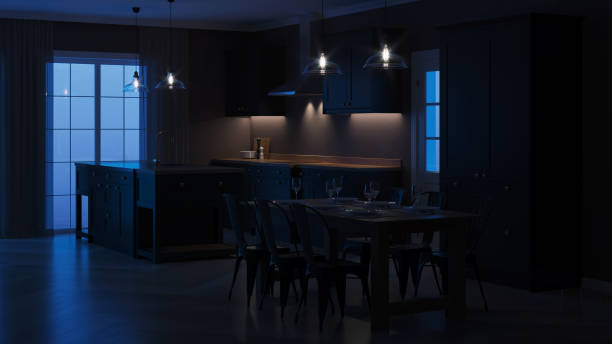 istock Modern house interior. Interior with black kitchen. Night. Evening lighting. 3D rendering. 1159833318