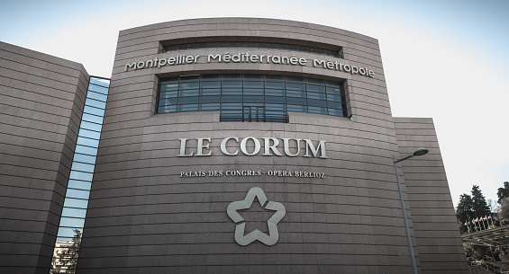 Montpellier, France - January 2, 2019: architectural detail of the Corum, a convention center and Opera Berlioz on a winter day