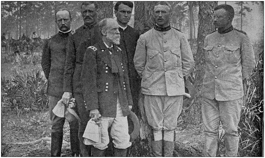 US Army black and white photos: Lieutenant Colonel Roosevelt (right) before becoming US president, with Major General Wheeler, Colonel Wood, Major Brodie, Major Dunn and Chaplain Brown