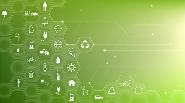 green business-vorlage und hintergrund für nachhaltigkeitskonzept mit flachen icons - nachhaltigkeit stock-grafiken, -clipart, -cartoons und -symbole