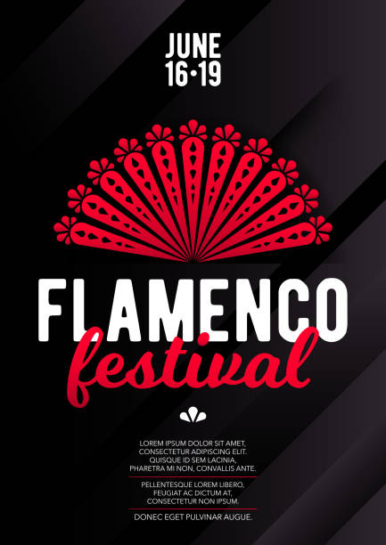 Vertical flamenco dark template with red fan and text. - ilustração de arte vetorial