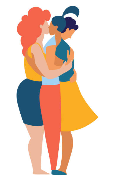 Women and men polyamorist gay homosexual lesbian hugging kissing together. Three different women and men polyamorist gay homosexual lesbian hugging and kissing together. Multiethnic gruop of lovers. Rainbow colored vector illustration poster flat style polygamy stock illustrations