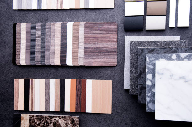 istock Construction Design. Interior Material Design concept. Wood texture floor Samples of laminate and vinyl floor tile. 1159840057