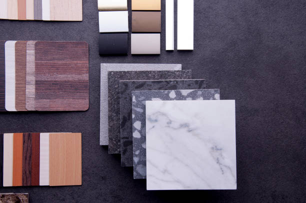 istock Construction Design. Interior Material Design concept. Wood texture floor Samples of laminate and vinyl floor tile. 1159840078