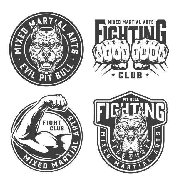 Vintage monochrome fight club badges Vintage monochrome fight club badges with pitbull heads male fists and strong fighter arm isolated vector illustration wrestling logo stock illustrations