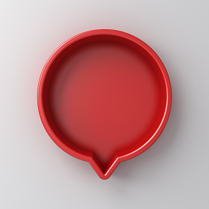 Blank red round social media notification or speech bubble sign pin isolated on white wall background with shadow 3D rendering