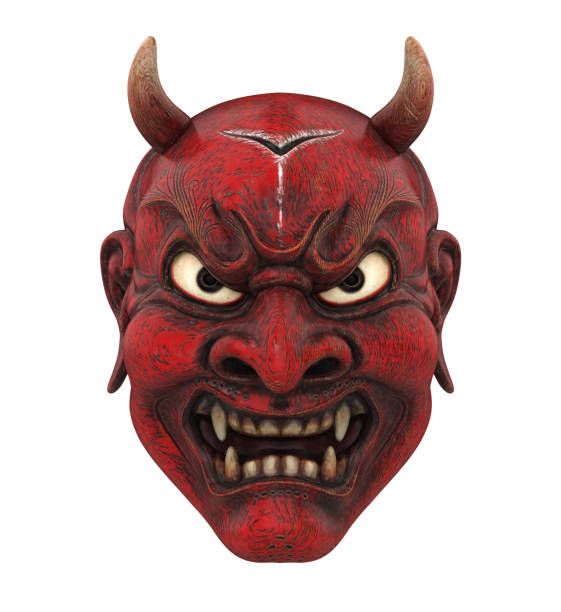 Red Japanese Mask Isolated Red Japanese Mask isolated on white background. 3D render demon stock pictures, royalty-free photos & images