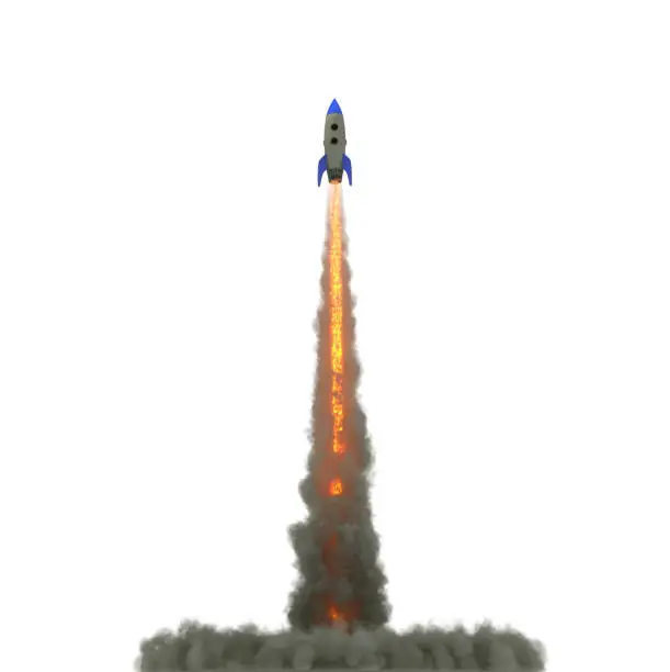 Photo of Cartoon Rocket launch on white background. 3d illustration