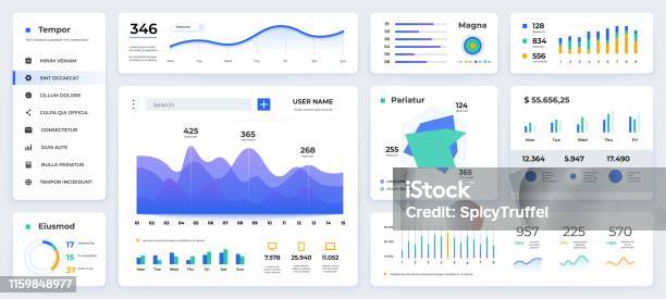 Dashboard Ui Modern Presentation With Data Graphs And Hud Diagrams Clean And Simple App Interface Vector Abstract Web Ui Stock Illustration - Download Image Now