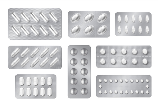 Realistic blisters. Medicine pill and capsule packs, white 3D drugs and vitamins isolated mockup. Vector pharmacy packaging tablet set