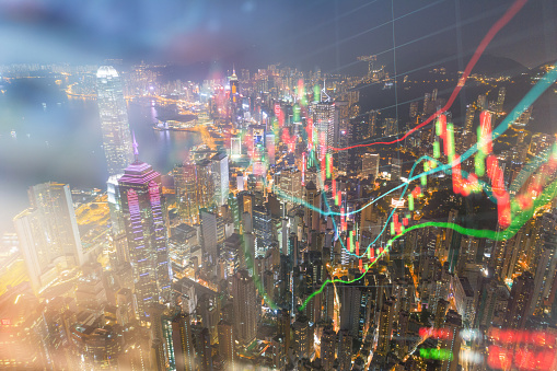 Stockmarket and investment theme background with Hong kong financial district Central area