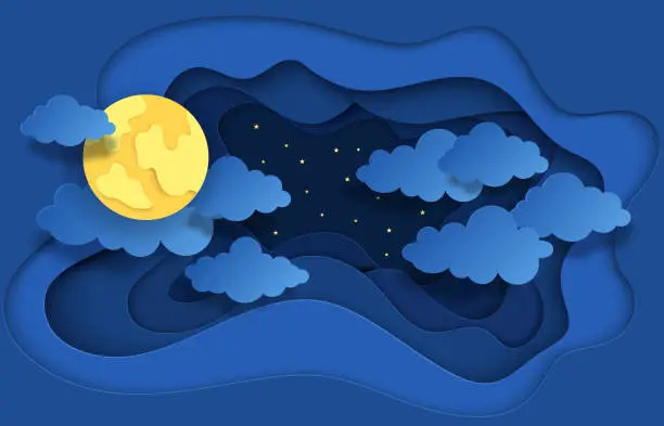 Vector illustration of Paper cut night sky. Dreamy background with moon stars and clouds, abstract fantasy background. Vector origami backdrop