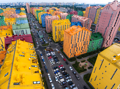 Colored rainbow houses in Kiev aerial view