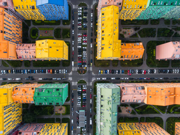 Rainbow houses aerial view Colored rainbow houses in Kiev aerial view netherlands aerial stock pictures, royalty-free photos & images